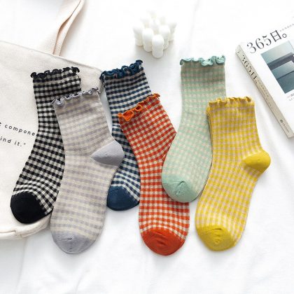 Korean Retro Plaid Lace Mid-tube Socks 2pairs